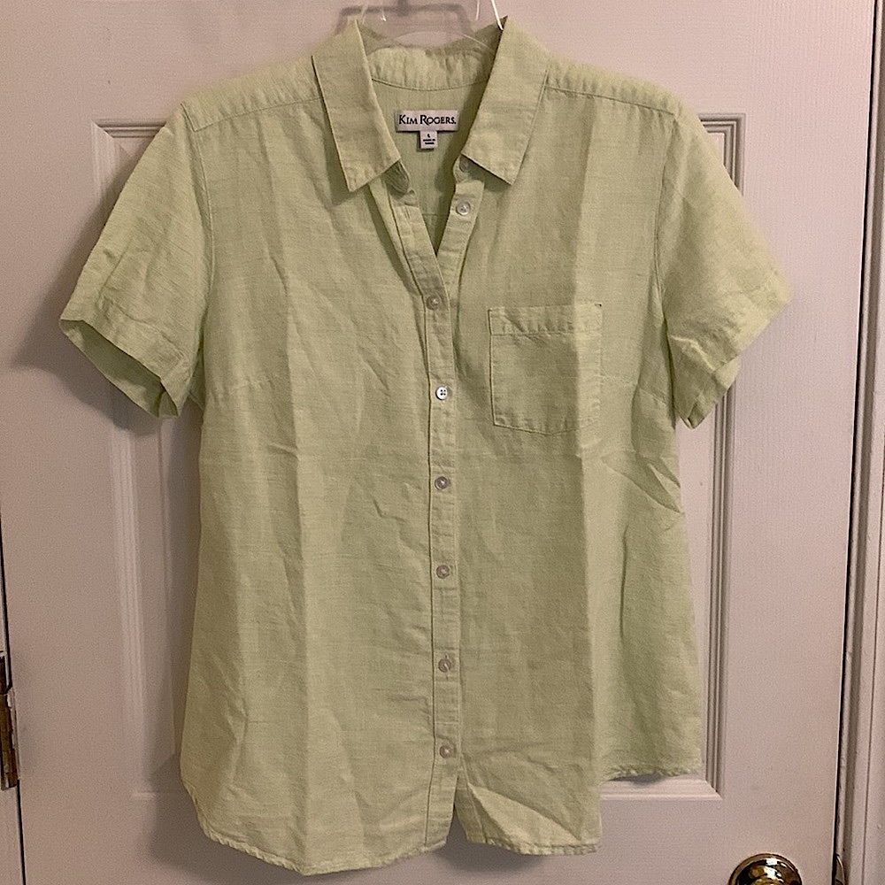 Kim Rogers Short-sleeve, Collared, Button-down Linenblend Shirt, pale lime green